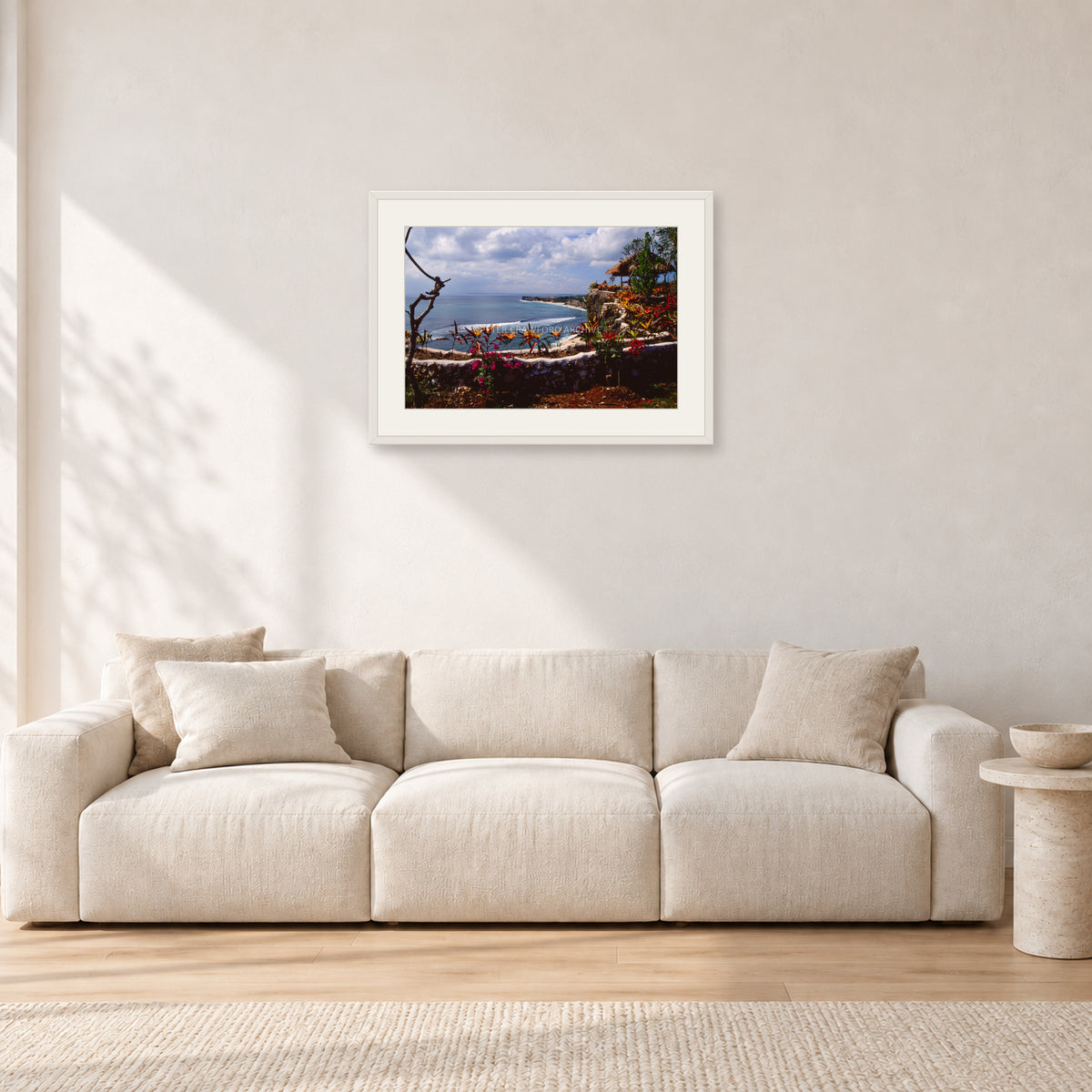 Bali, Peter Crawford by Peter Crawford — 60 × 40 cm, white frame with white mat, shown in a light minimalist living room.