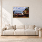 Bali, Peter Crawford by Peter Crawford — 90 × 60 cm, hayseed frame, shown in a light minimalist living room.