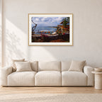 Bali, Peter Crawford by Peter Crawford — 90 × 60 cm, hayseed frame with white mat, shown in a light minimalist living room.