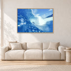 Banzai Pipeline, Hawaii 1976 by Peter Crawford — 120 × 80 cm, hayseed frame, shown in a light minimalist living room.