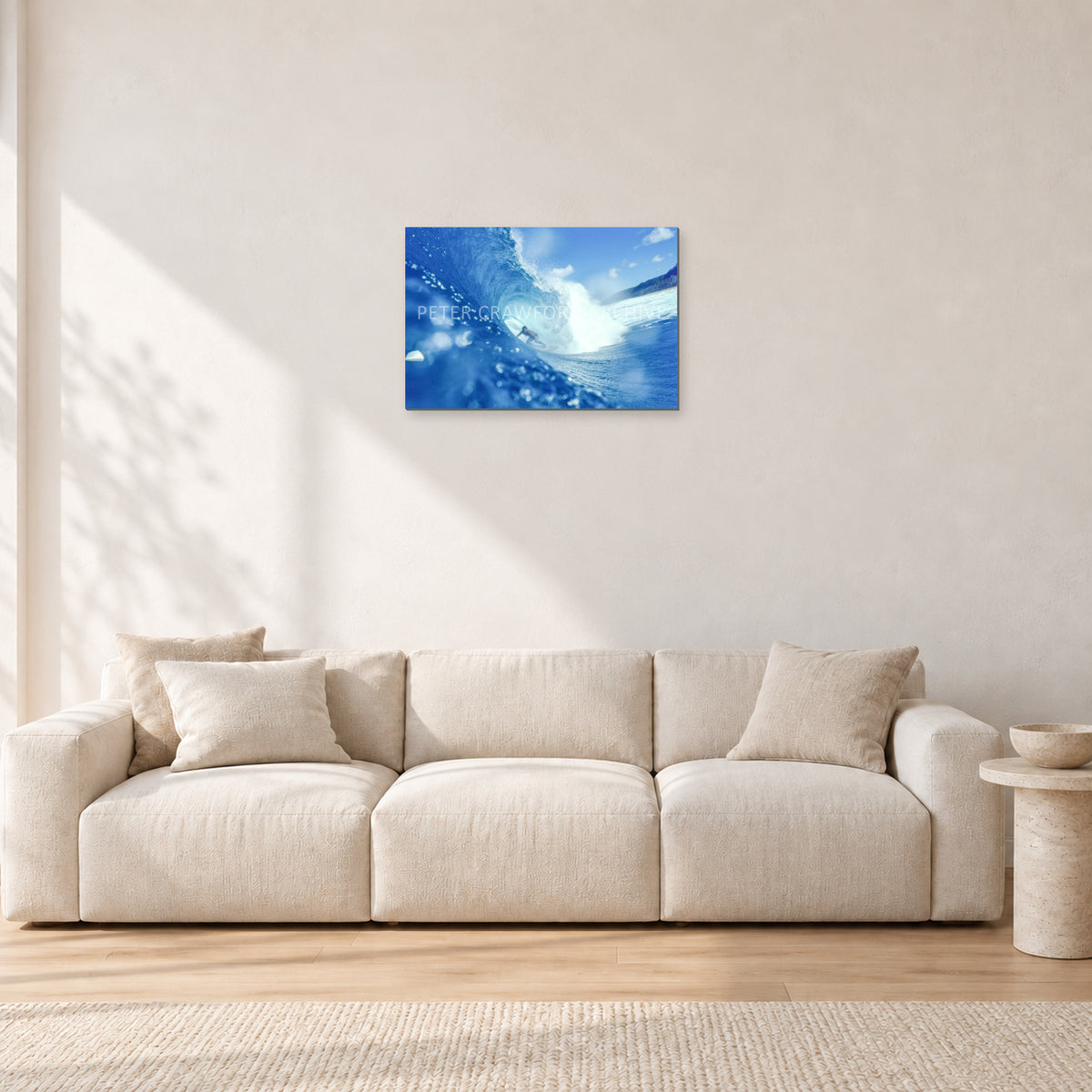 Banzai Pipeline, Hawaii 1976 by Peter Crawford — 60 × 40 cm, aluminium-mounted resin print, shown in a light minimalist living room.