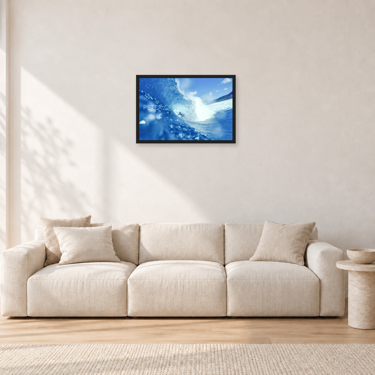 Banzai Pipeline, Hawaii 1976 by Peter Crawford — 60 × 40 cm, black frame, shown in a light minimalist living room.