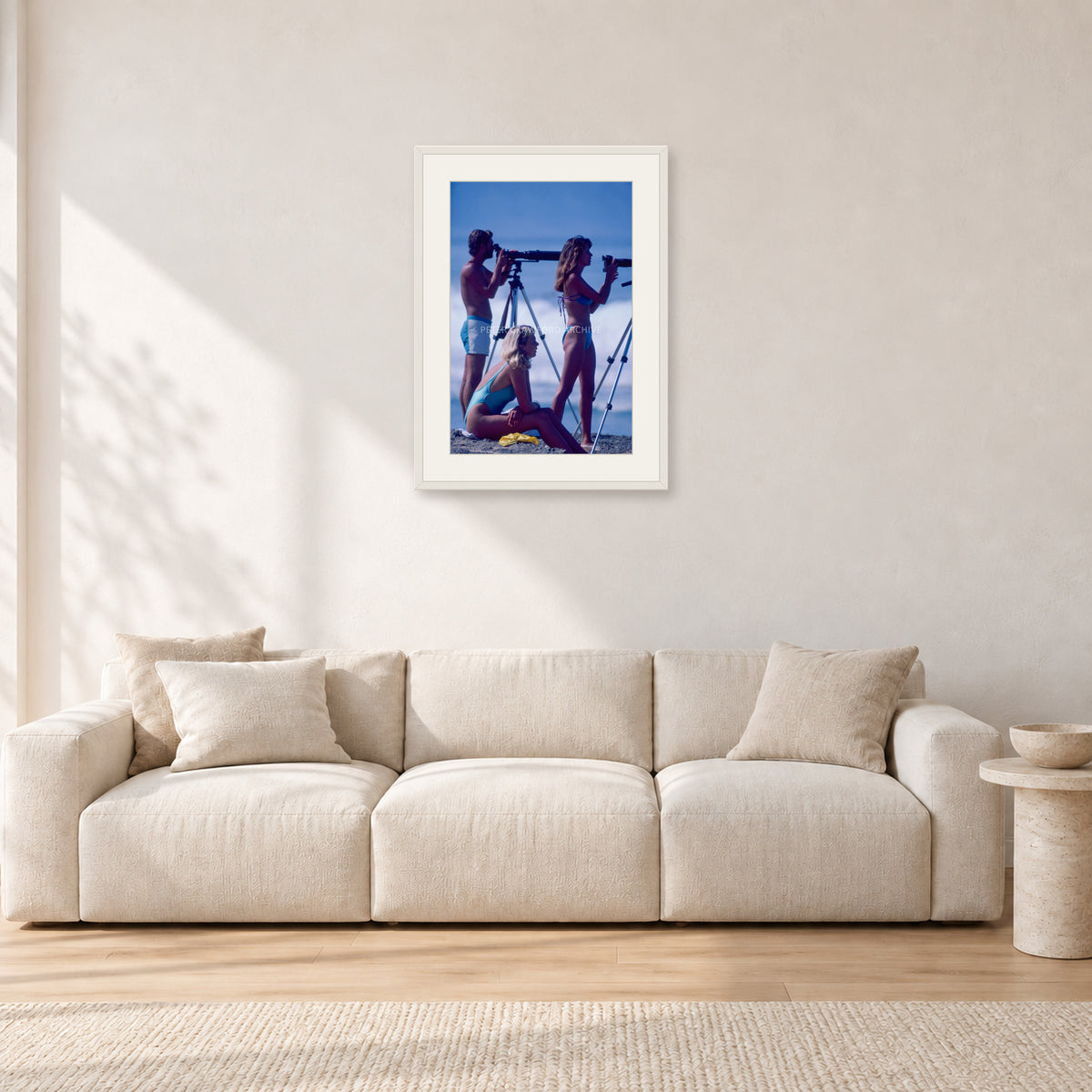 Beach Portrait, Peter Crawford by Peter Crawford — 40 × 60 cm, white frame with white mat, shown in a light minimalist living room.