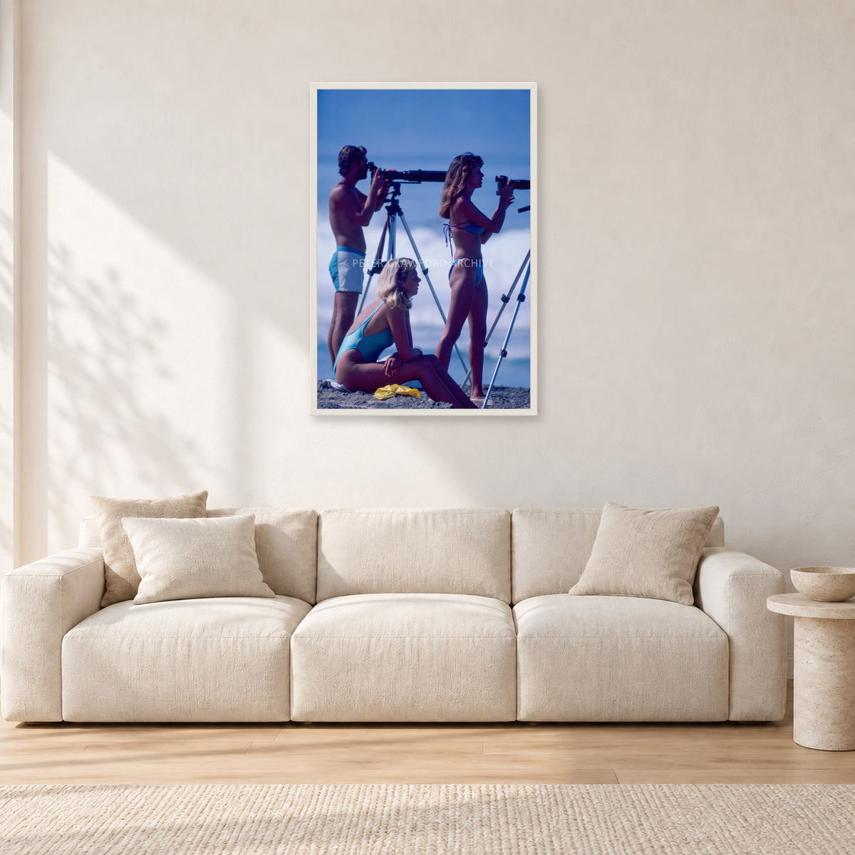 Beach Portrait, Peter Crawford by Peter Crawford — 60 × 90 cm, white frame, shown in a light minimalist living room.