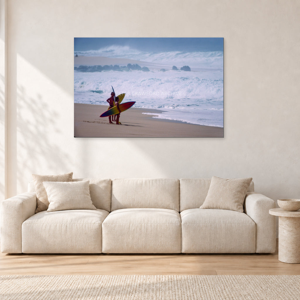Beach Scene, Peter Crawford by Peter Crawford — 120 × 80 cm, aluminium-mounted resin print, shown in a light minimalist living room.