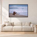 Beach Scene, Peter Crawford by Peter Crawford — 120 × 80 cm, black frame, shown in a light minimalist living room.