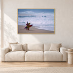 Beach Scene, Peter Crawford by Peter Crawford — 120 × 80 cm, hayseed frame, shown in a light minimalist living room.