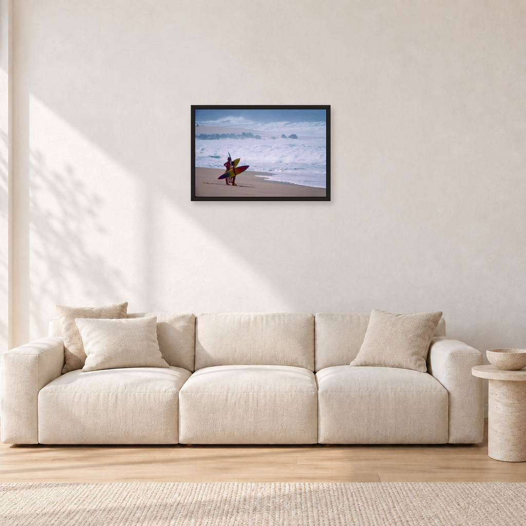 Beach Scene, Peter Crawford by Peter Crawford — 60 × 40 cm, black frame, shown in a light minimalist living room.