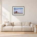 Beach Scene, Peter Crawford by Peter Crawford — 60 × 40 cm, black frame with white mat, shown in a light minimalist living room.