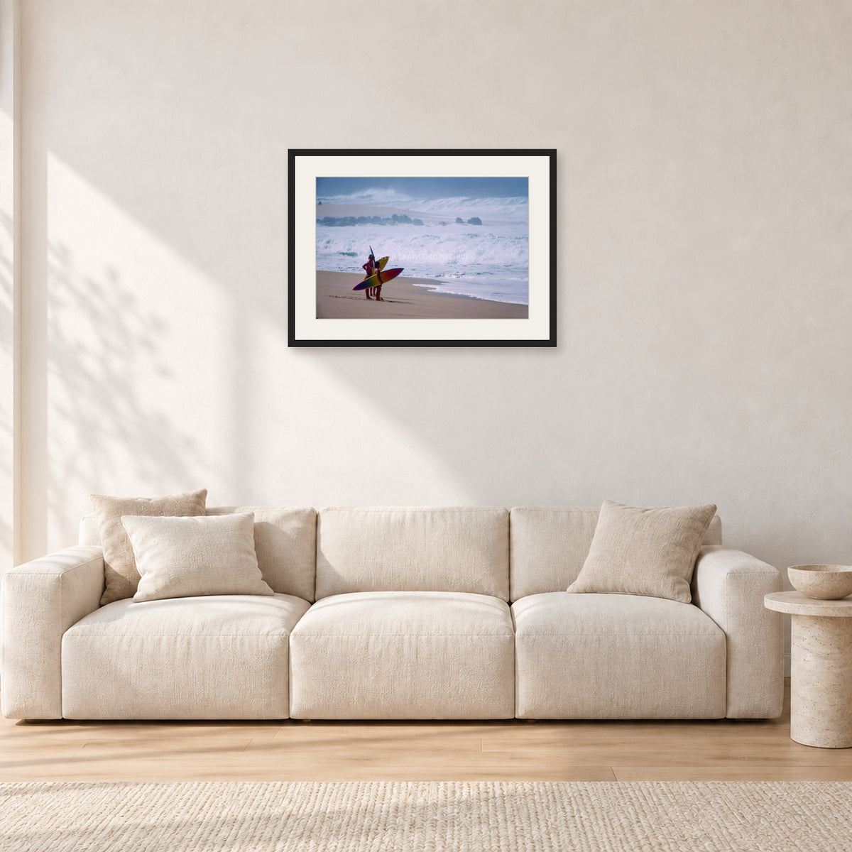 Beach Scene, Peter Crawford by Peter Crawford — 60 × 40 cm, black frame with white mat, shown in a light minimalist living room.