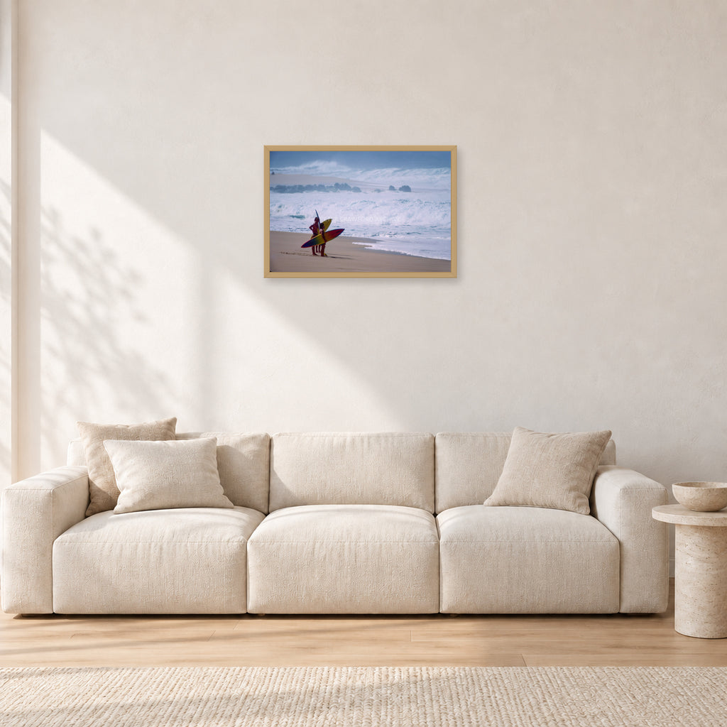 Beach Scene, Peter Crawford by Peter Crawford — 60 × 40 cm, hayseed frame, shown in a light minimalist living room.