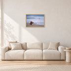 Beach Scene, Peter Crawford by Peter Crawford — 60 × 40 cm, hayseed frame, shown in a light minimalist living room.