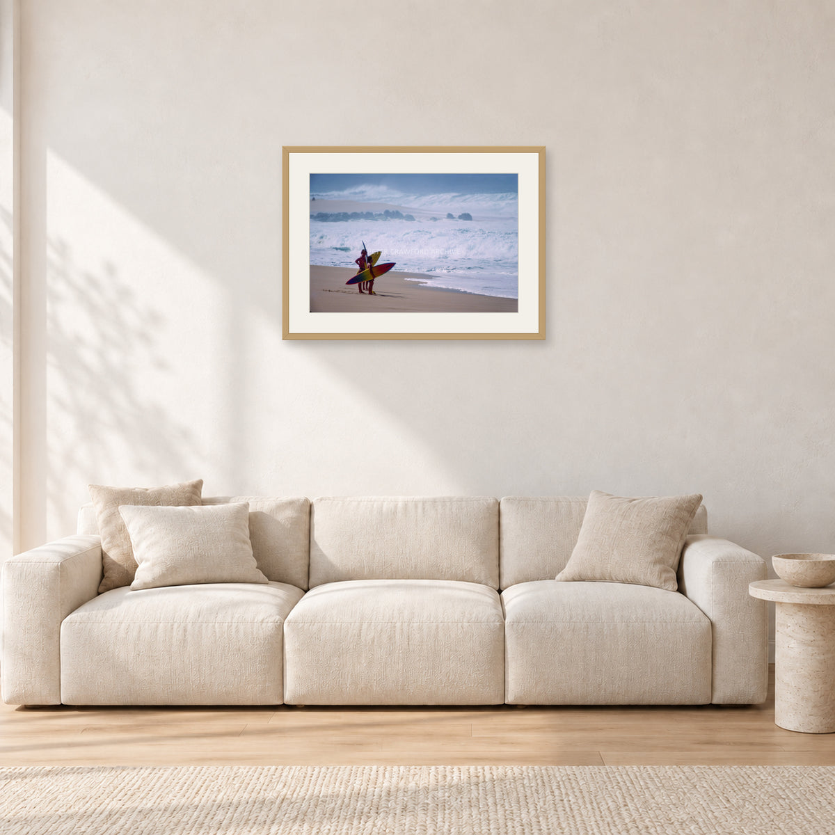 Beach Scene, Peter Crawford by Peter Crawford — 60 × 40 cm, hayseed frame with white mat, shown in a light minimalist living room.