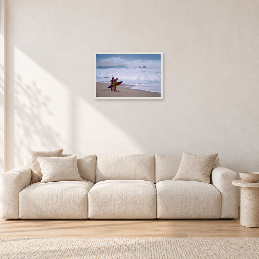 Beach Scene, Peter Crawford by Peter Crawford — 60 × 40 cm, white frame, shown in a light minimalist living room.