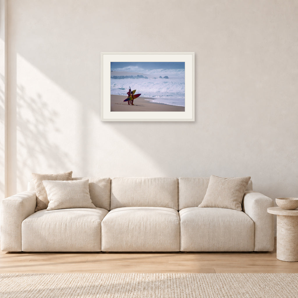 Beach Scene, Peter Crawford by Peter Crawford — 60 × 40 cm, white frame with white mat, shown in a light minimalist living room.