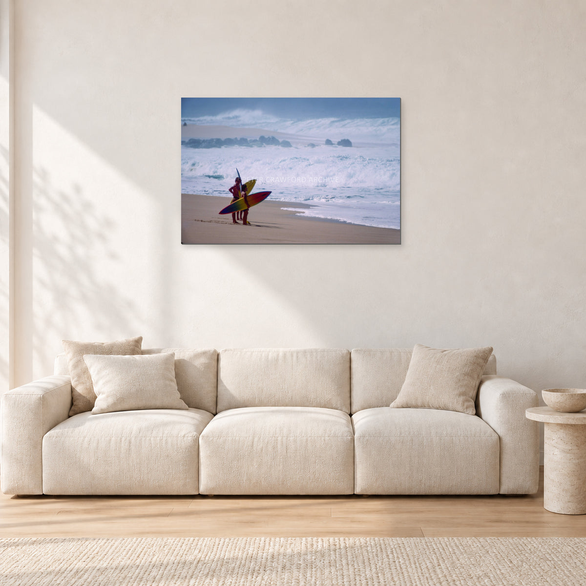 Beach Scene, Peter Crawford by Peter Crawford — 90 × 60 cm, aluminium-mounted resin print, shown in a light minimalist living room.