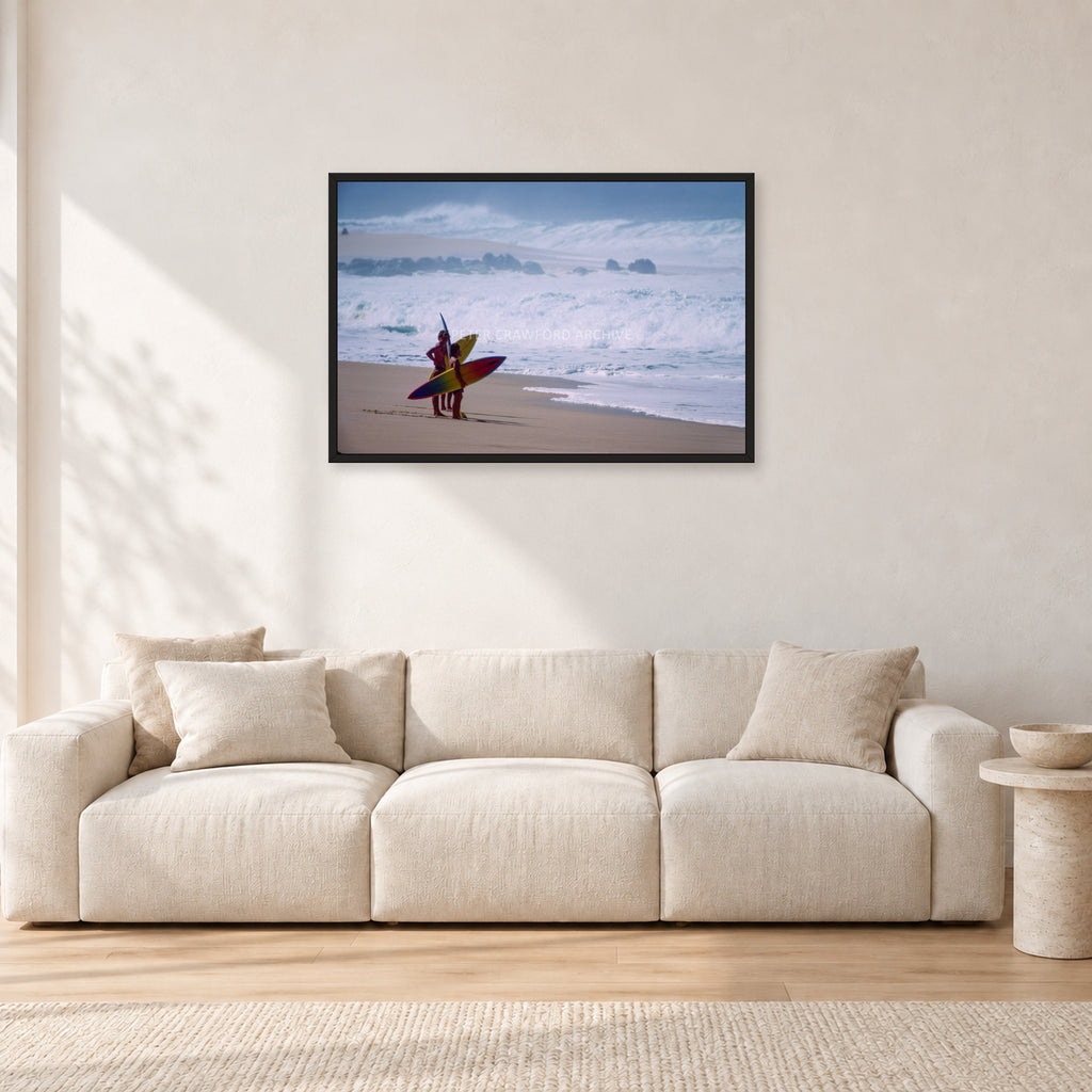 Beach Scene, Peter Crawford by Peter Crawford — 90 × 60 cm, black frame, shown in a light minimalist living room.