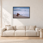 Beach Scene, Peter Crawford by Peter Crawford — 90 × 60 cm, black frame, shown in a light minimalist living room.