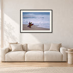 Beach Scene, Peter Crawford by Peter Crawford — 90 × 60 cm, black frame with white mat, shown in a light minimalist living room.