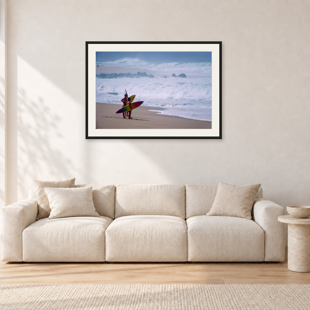 Beach Scene, Peter Crawford by Peter Crawford — 90 × 60 cm, black frame with white mat, shown in a light minimalist living room.