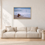 Beach Scene, Peter Crawford by Peter Crawford — 90 × 60 cm, hayseed frame, shown in a light minimalist living room.