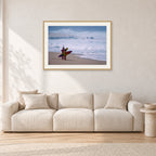 Beach Scene, Peter Crawford by Peter Crawford — 90 × 60 cm, hayseed frame with white mat, shown in a light minimalist living room.