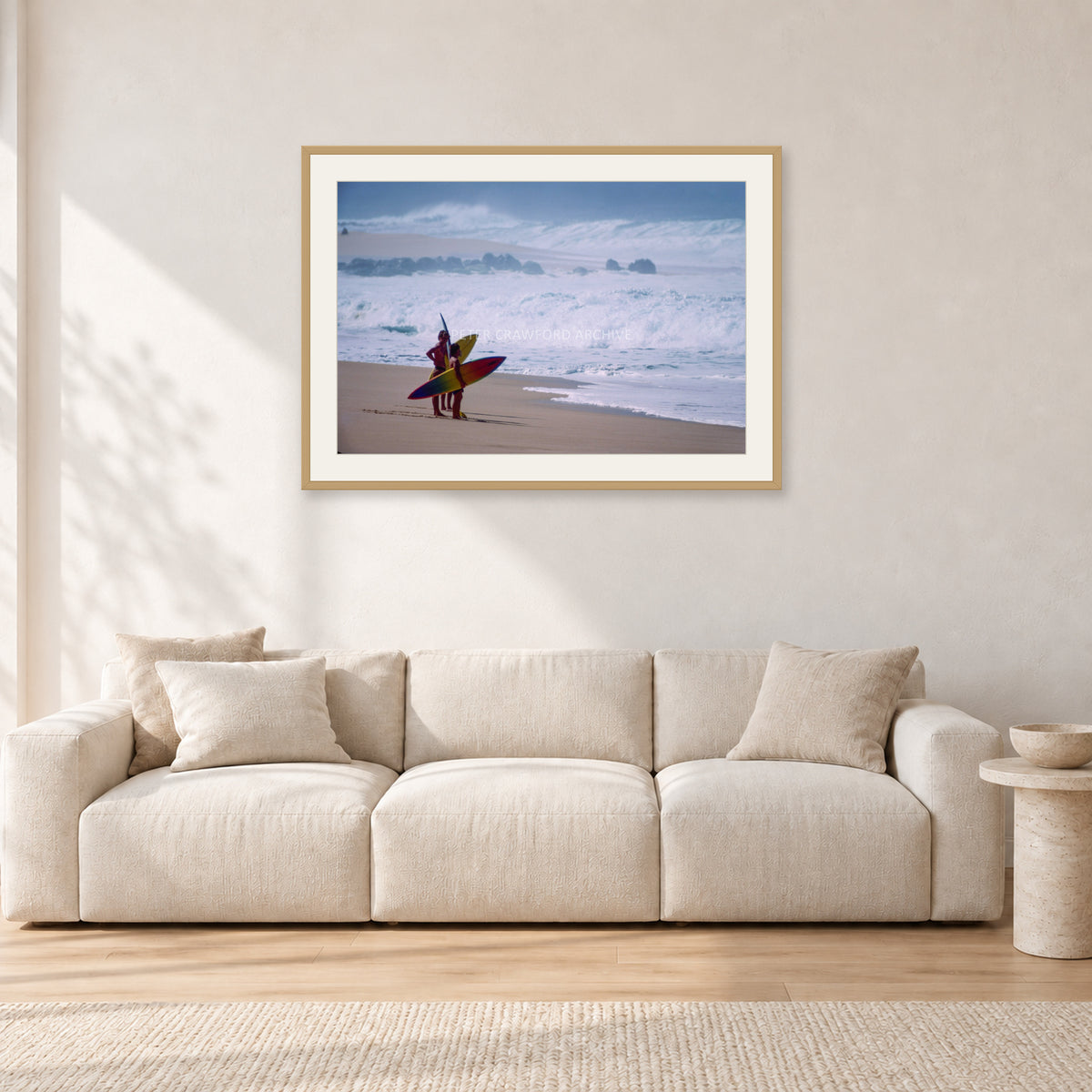 Beach Scene, Peter Crawford by Peter Crawford — 90 × 60 cm, hayseed frame with white mat, shown in a light minimalist living room.
