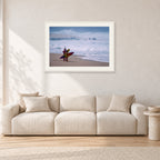 Beach Scene, Peter Crawford by Peter Crawford — 90 × 60 cm, white frame with white mat, shown in a light minimalist living room.