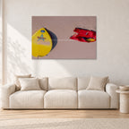 Bells Beach Overview, 1983 by Peter Crawford — 120 × 80 cm, aluminium-mounted resin print, shown in a light minimalist living room.