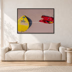 Bells Beach Overview, 1983 by Peter Crawford — 120 × 80 cm, black frame, shown in a light minimalist living room.