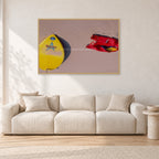 Bells Beach Overview, 1983 by Peter Crawford — 120 × 80 cm, hayseed frame, shown in a light minimalist living room.