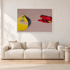 Bells Beach Overview, 1983 by Peter Crawford — 120 × 80 cm, white frame, shown in a light minimalist living room.