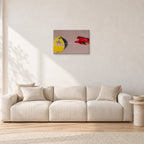 Bells Beach Overview, 1983 by Peter Crawford — 60 × 40 cm, aluminium-mounted resin print, shown in a light minimalist living room.