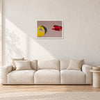 Bells Beach Overview, 1983 by Peter Crawford — 60 × 40 cm, white frame, shown in a light minimalist living room.