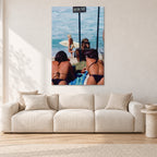 Beware Girls, 1985 by Peter Crawford — 80 × 120 cm aluminium-mounted resin print, frameless in a light minimalist living room.