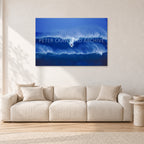 Big Sunset, Unknown Surfer by Peter Crawford — 120 × 80 cm, aluminium-mounted resin print, shown in a light minimalist living room.