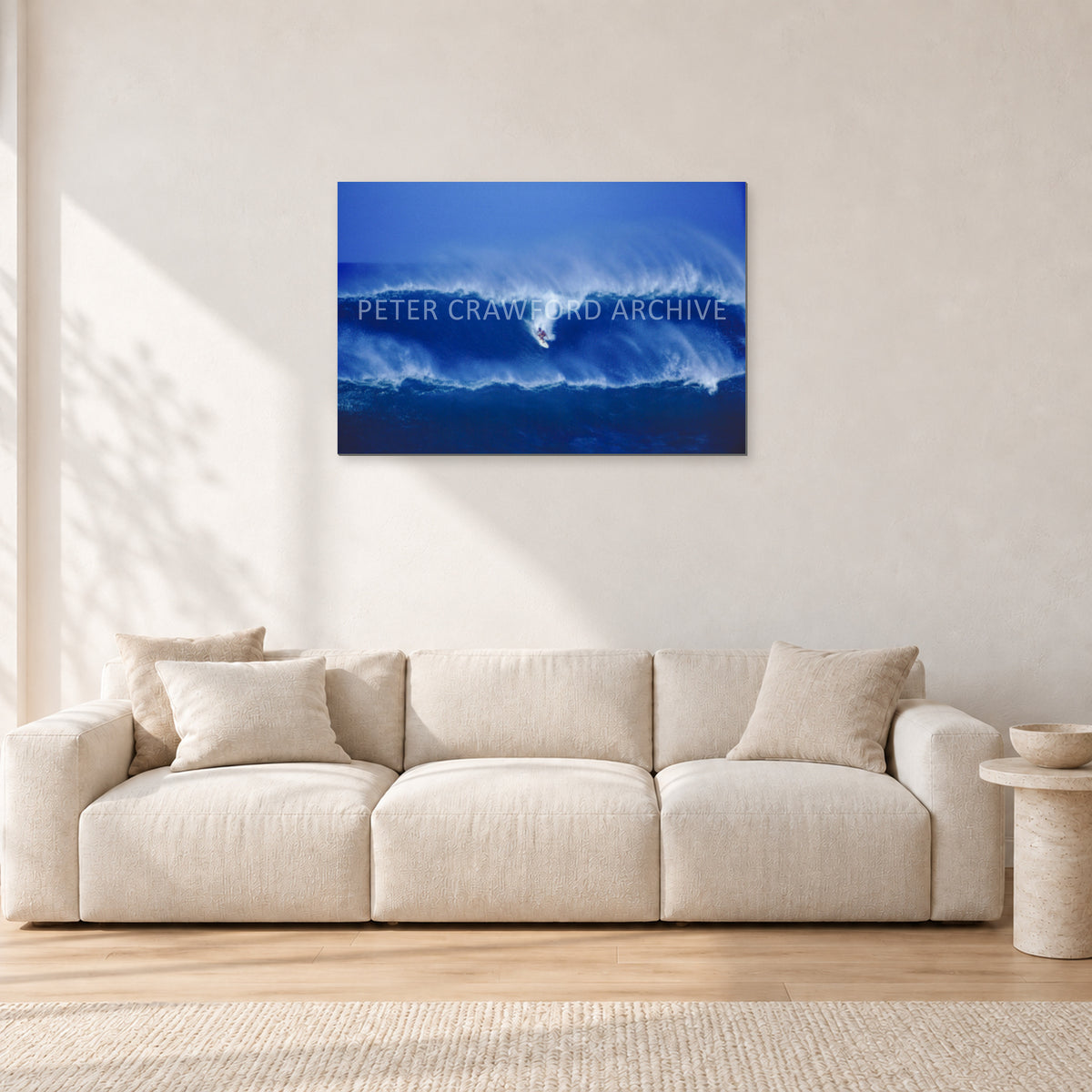 Big Sunset, Unknown Surfer by Peter Crawford — 90 × 60 cm, aluminium-mounted resin print, shown in a light minimalist living room.