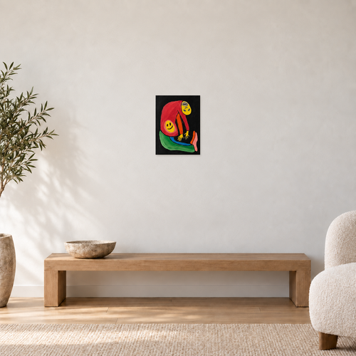 Brodie Jackson - DOUBLE HAPPINESS, 30 cm wide by 40 cm high, displayed to scale above an oak bench in a neutral room