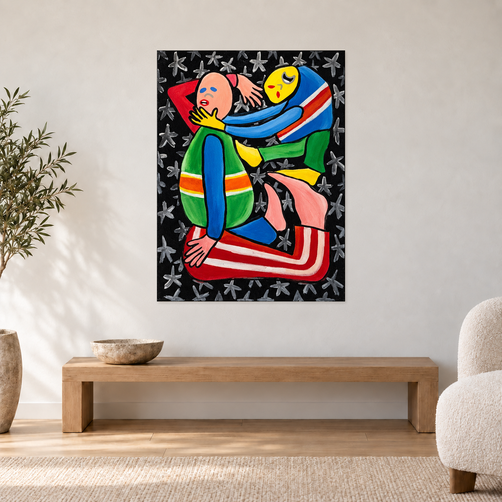 Brodie Jackson - Face Toucher, 90 cm wide by 120 cm high, displayed to scale above an oak bench in a neutral room