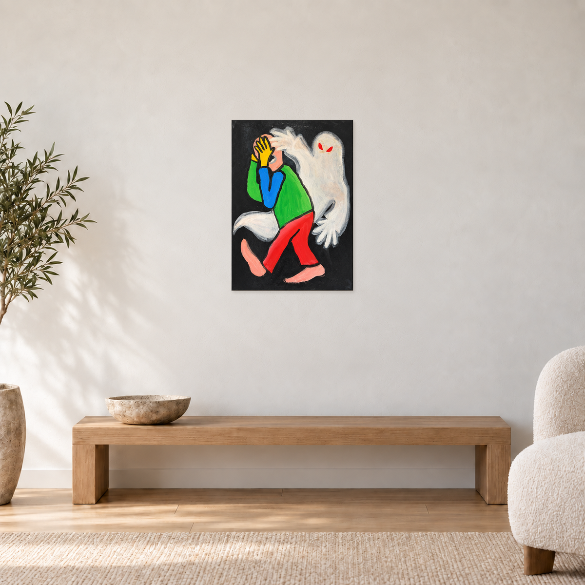 Brodie Jackson - ONLY FAN, 50 cm wide by 70 cm high, displayed to scale above an oak bench in a neutral room