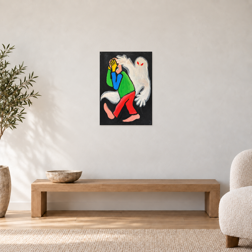 Brodie Jackson - ONLY FAN, 50 cm wide by 70 cm high, displayed to scale above an oak bench in a neutral room