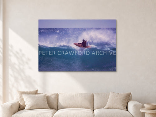 Bruce Raymond, Stubbies 1980 by Peter Crawford — 120 × 80 cm, aluminium-mounted resin print, shown in a light minimalist living room.
