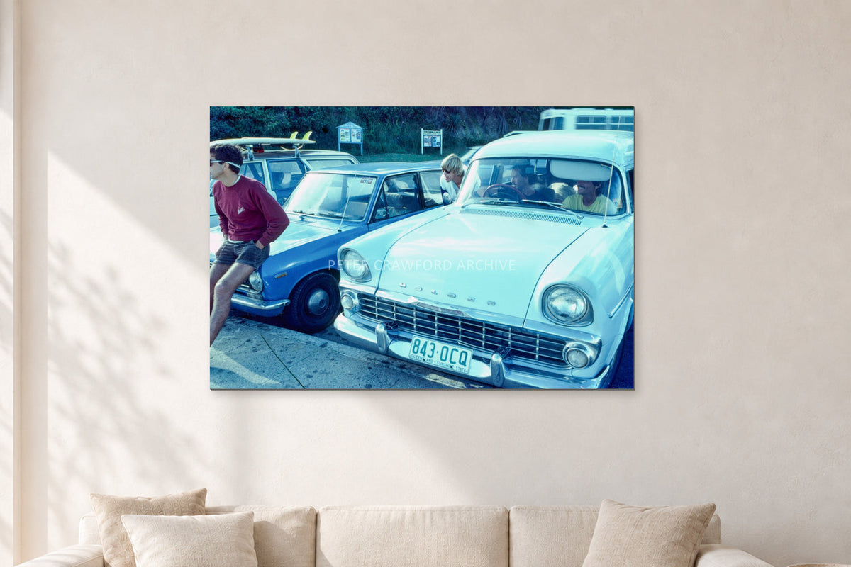 Bugs, Rainbow Bay 1976 by Peter Crawford — 120 × 80 cm, aluminium-mounted resin print, shown in a light minimalist living room.