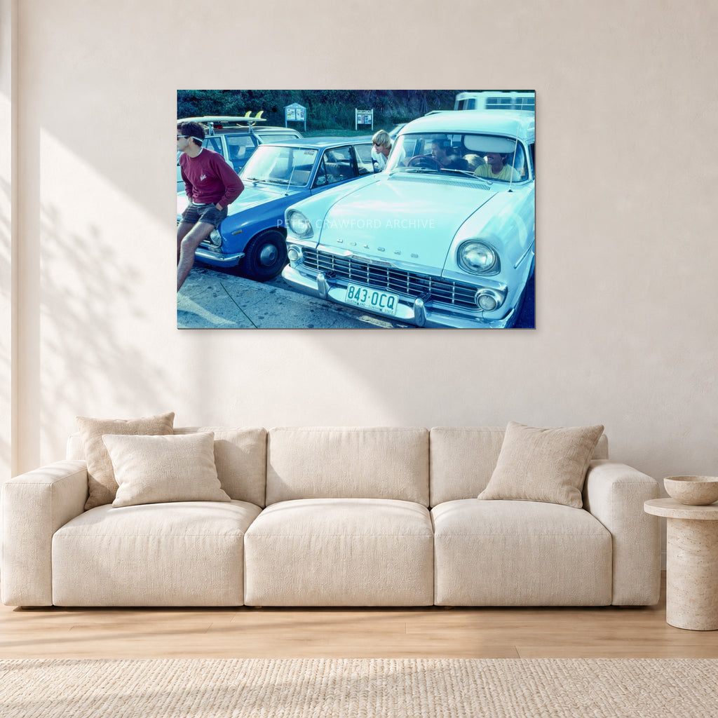 Bugs, Rainbow Bay 1976 by Peter Crawford — 120 × 80 cm, aluminium-mounted resin print, shown in a light minimalist living room.