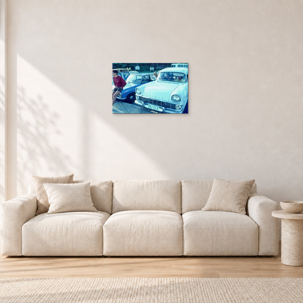 Bugs, Rainbow Bay 1976 by Peter Crawford — 60 × 40 cm, aluminium-mounted resin print, shown in a light minimalist living room.