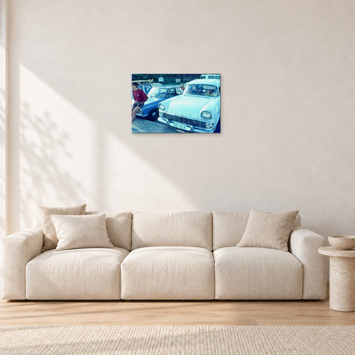 Bugs, Rainbow Bay 1976 by Peter Crawford — 60 × 40 cm, aluminium-mounted resin print, shown in a light minimalist living room.