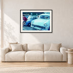 Bugs, Rainbow Bay 1976 by Peter Crawford — 90 × 60 cm, black frame with white mat, shown in a light minimalist living room.