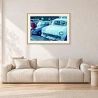 Bugs, Rainbow Bay 1976 by Peter Crawford — 90 × 60 cm, hayseed frame with white mat, shown in a light minimalist living room.