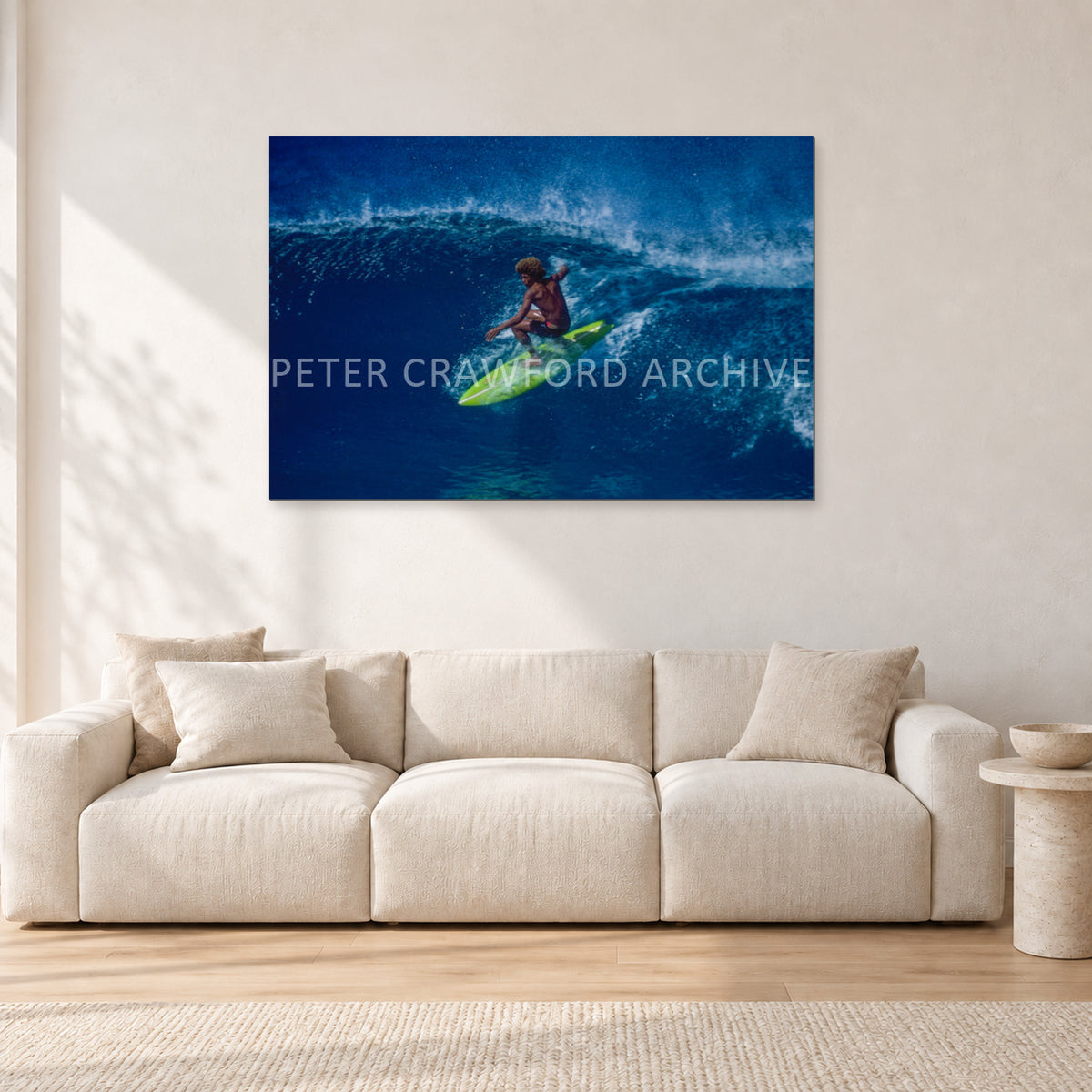 Buttons, Off The Wall 1975 by Peter Crawford — 120 × 80 cm, aluminium-mounted resin print, shown in a light minimalist living room.