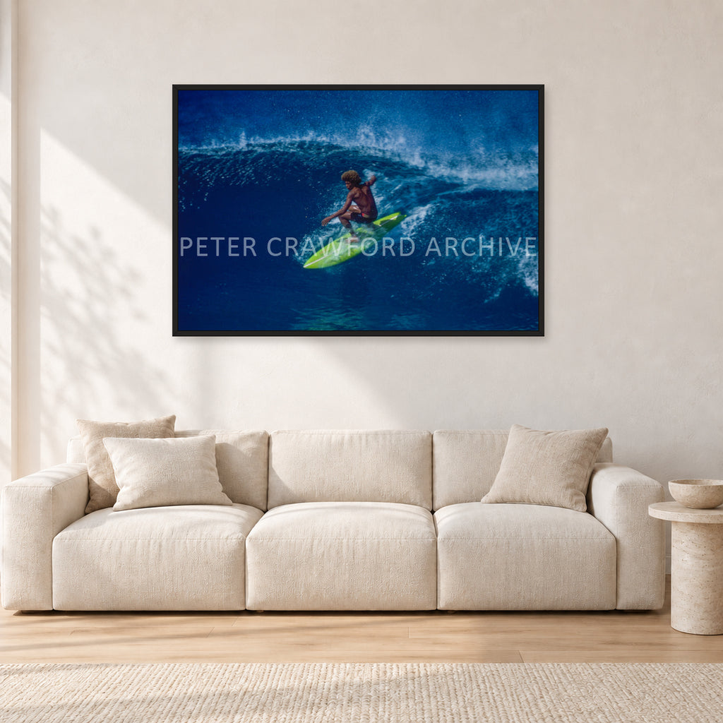 Buttons, Off The Wall 1975 by Peter Crawford — 120 × 80 cm, black frame, shown in a light minimalist living room.